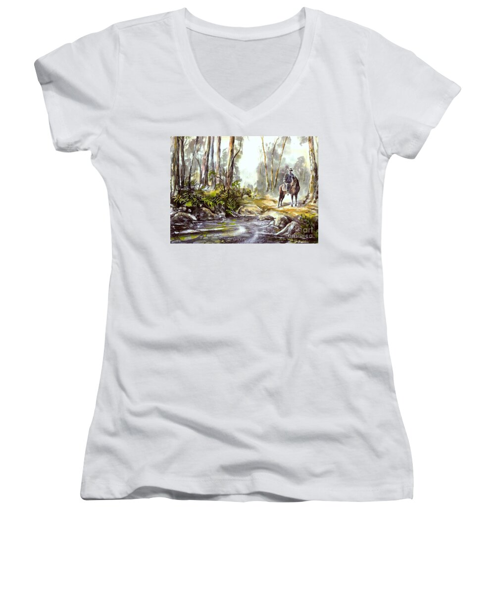 Horse Women's V-Neck featuring the painting Rider by the Creek by Ryn Shell