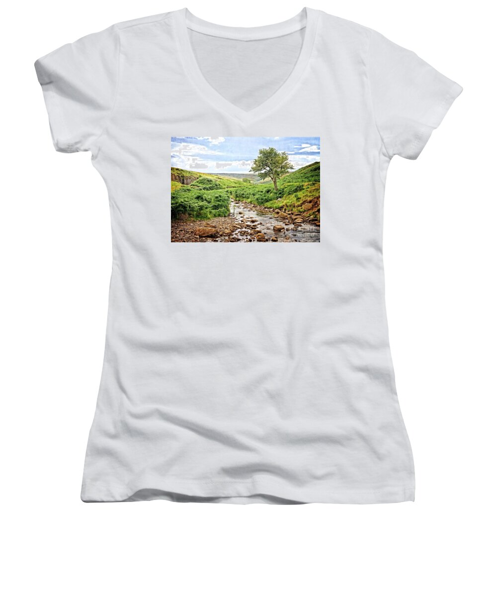 Lone Tree Women's V-Neck featuring the photograph River and Stream in Weardale by Martyn Arnold