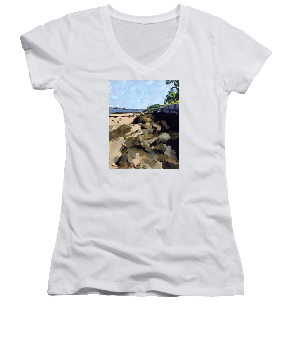  Art Set Women's V-Neck featuring the painting Rock Wall looking South on Ten Pound Island, Gloucester, MA by Melissa Abbott