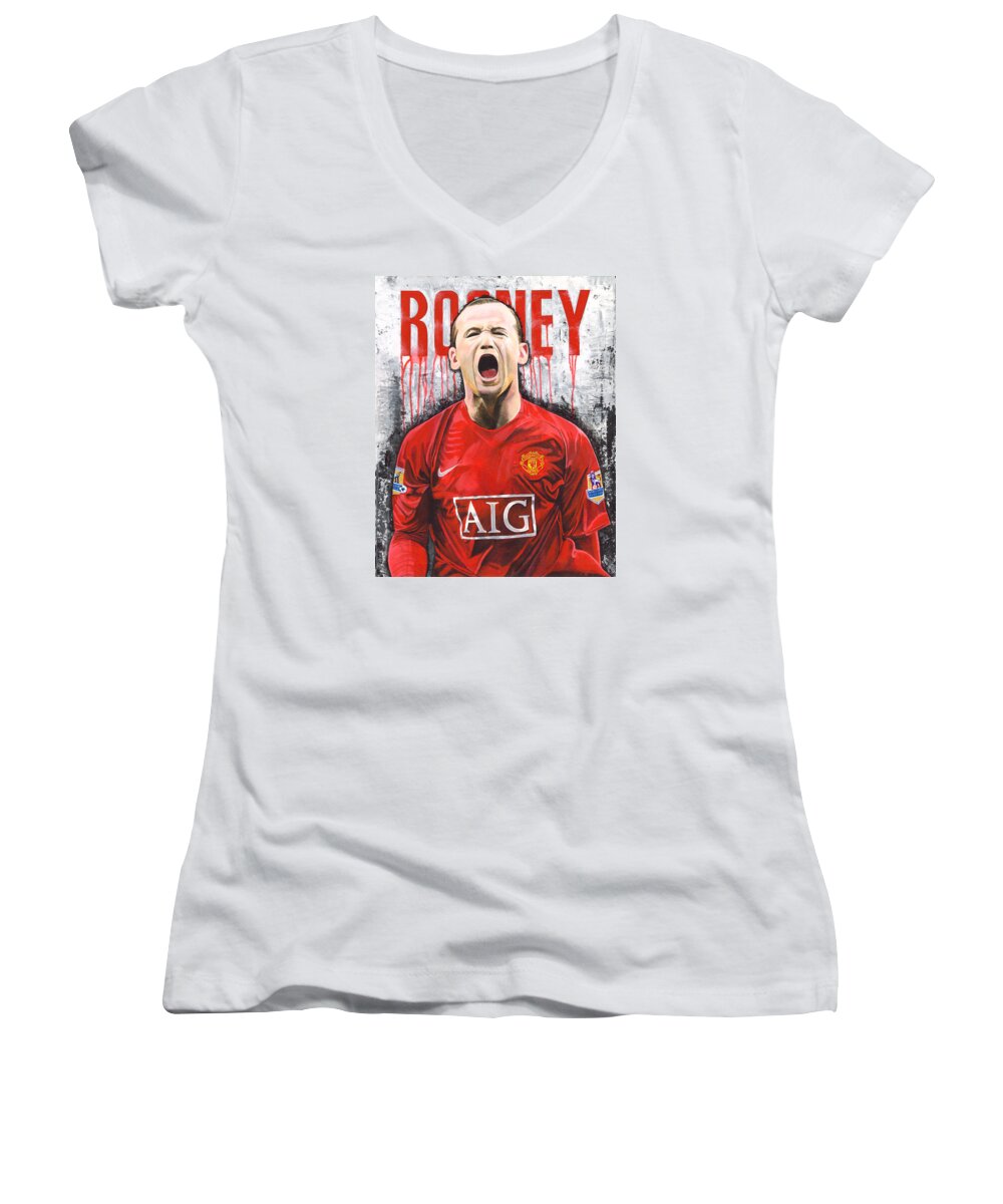 Wayne Rooney Women's V-Neck featuring the painting Rooney by Jeff Gomez