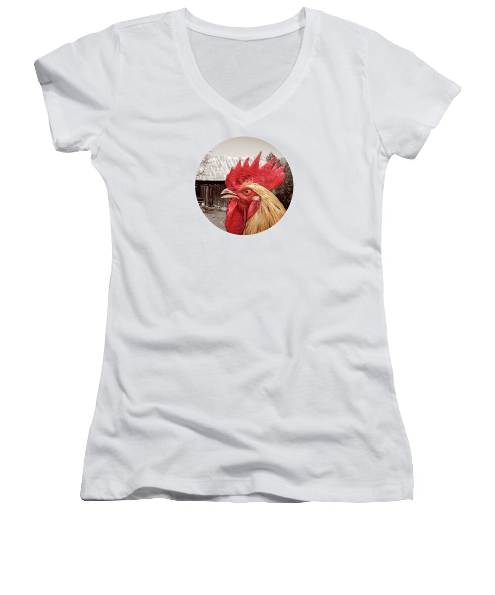 Chicken Women's V-Neck featuring the photograph Rooster Looks At Barn by Phil Perkins