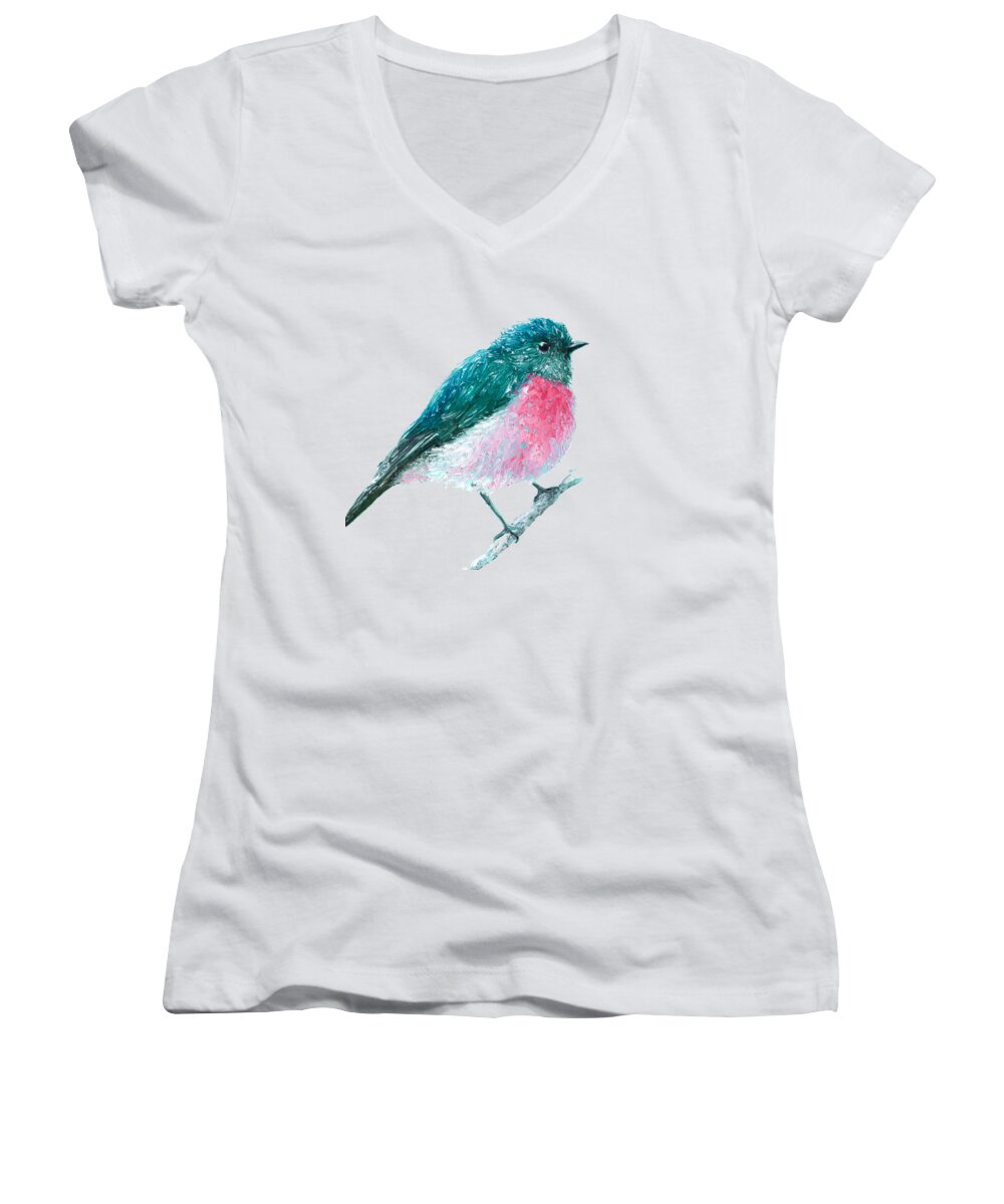 Bird Women's V-Neck featuring the painting Rose Robin oil painting by Jan Matson