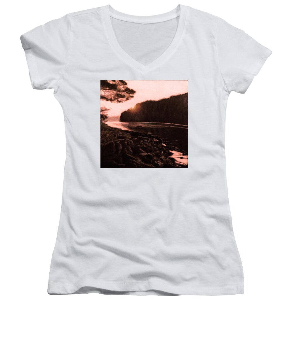 Algonquin Provincial Park Women's V-Neck featuring the painting Rosy Glow of Morning by Susan Sarabasha