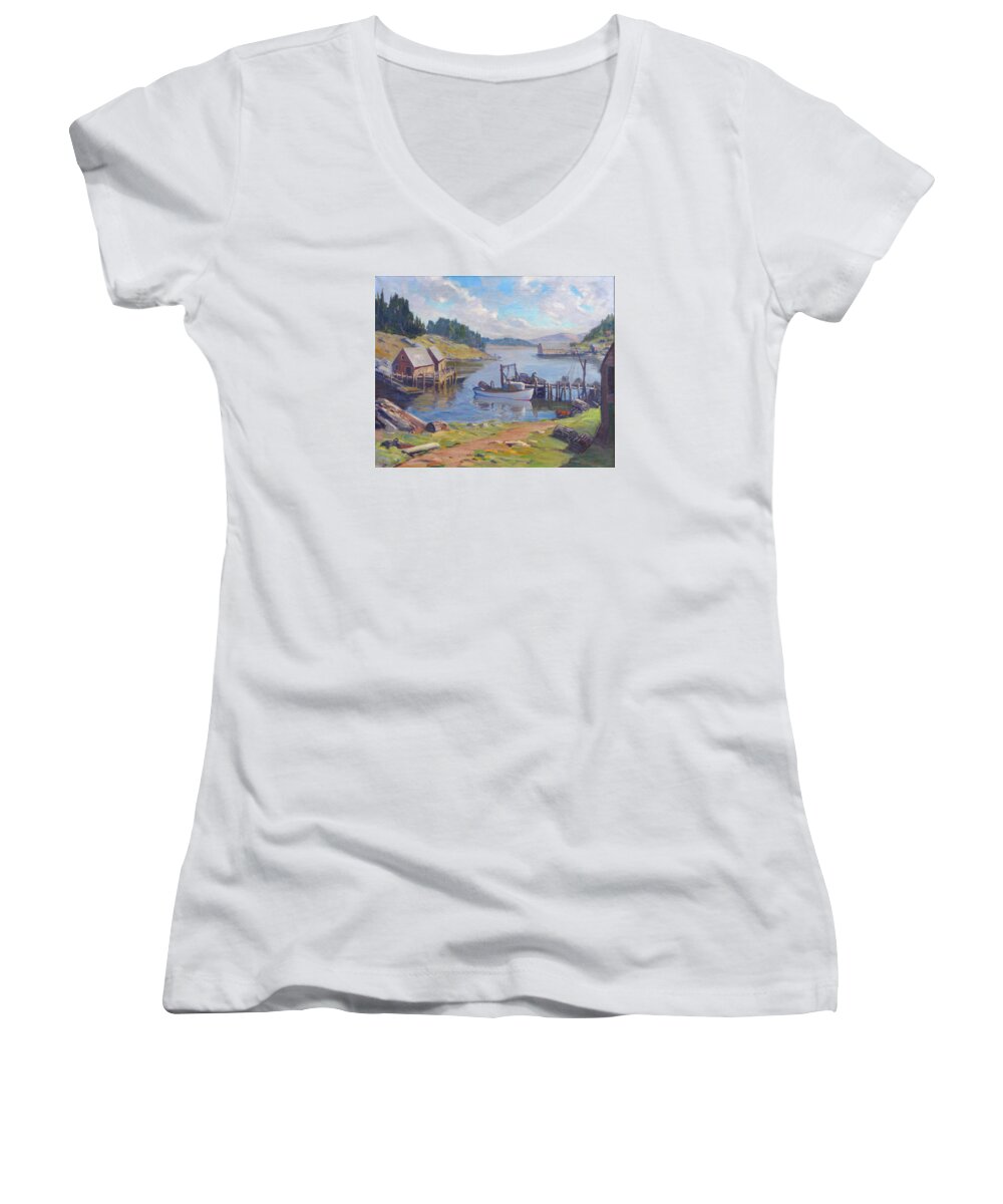 Round Pond Women's V-Neck featuring the painting Round Pond by Lin Grosvenor