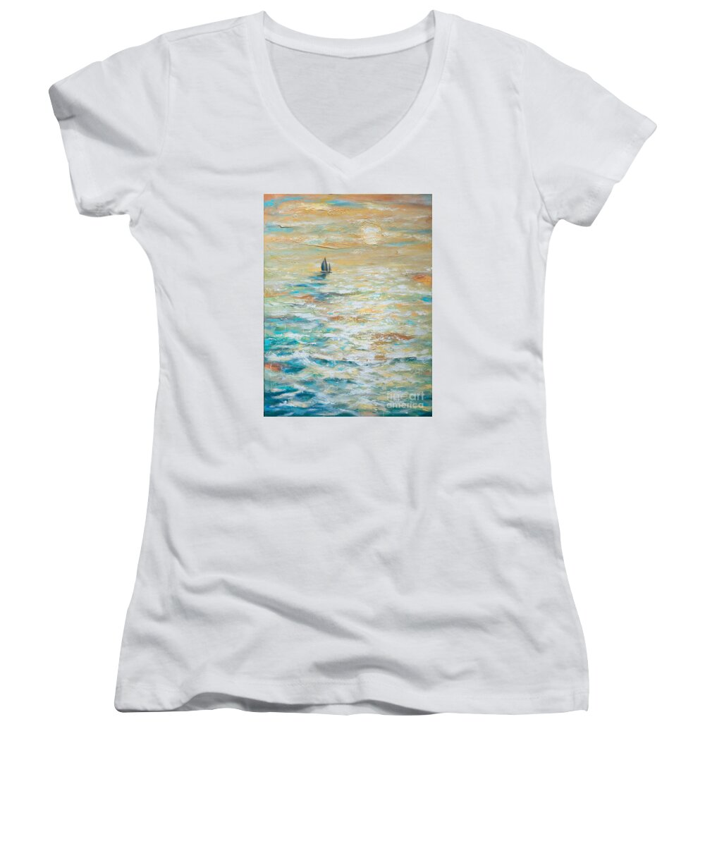 Sailing Women's V-Neck featuring the painting Sailing Into the Sunset by Linda Olsen