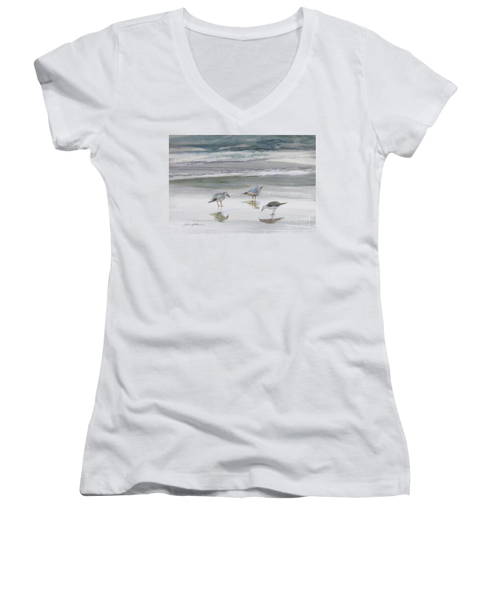 Art Women's V-Neck featuring the painting Sandpipers by Julianne Felton