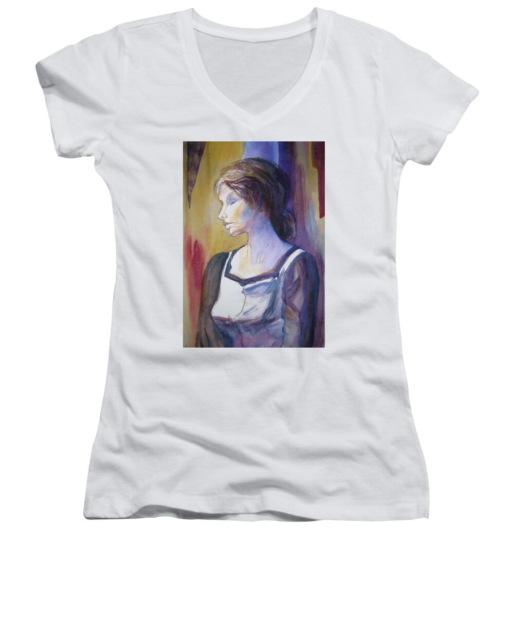 Woman Women's V-Neck featuring the painting Sarah Sees by Carole Johnson