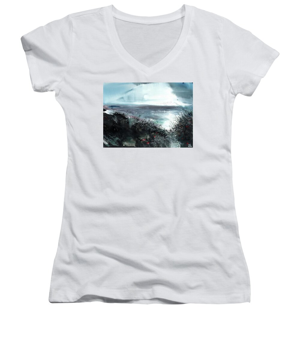Nature Women's V-Neck featuring the painting Seaface by Anil Nene