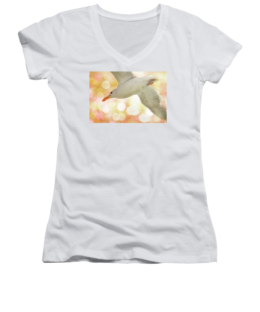 Seagull Women's V-Neck featuring the photograph Seagull on Pink and Yellow Sky by Peggy Collins