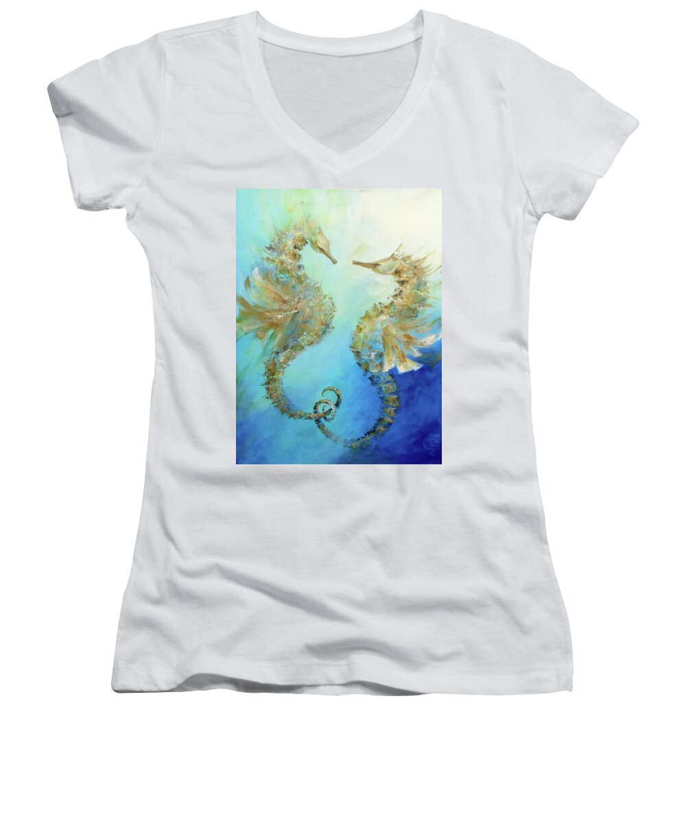 Sea Women's V-Neck featuring the painting Seahorses In Love 2018 by Dina Dargo