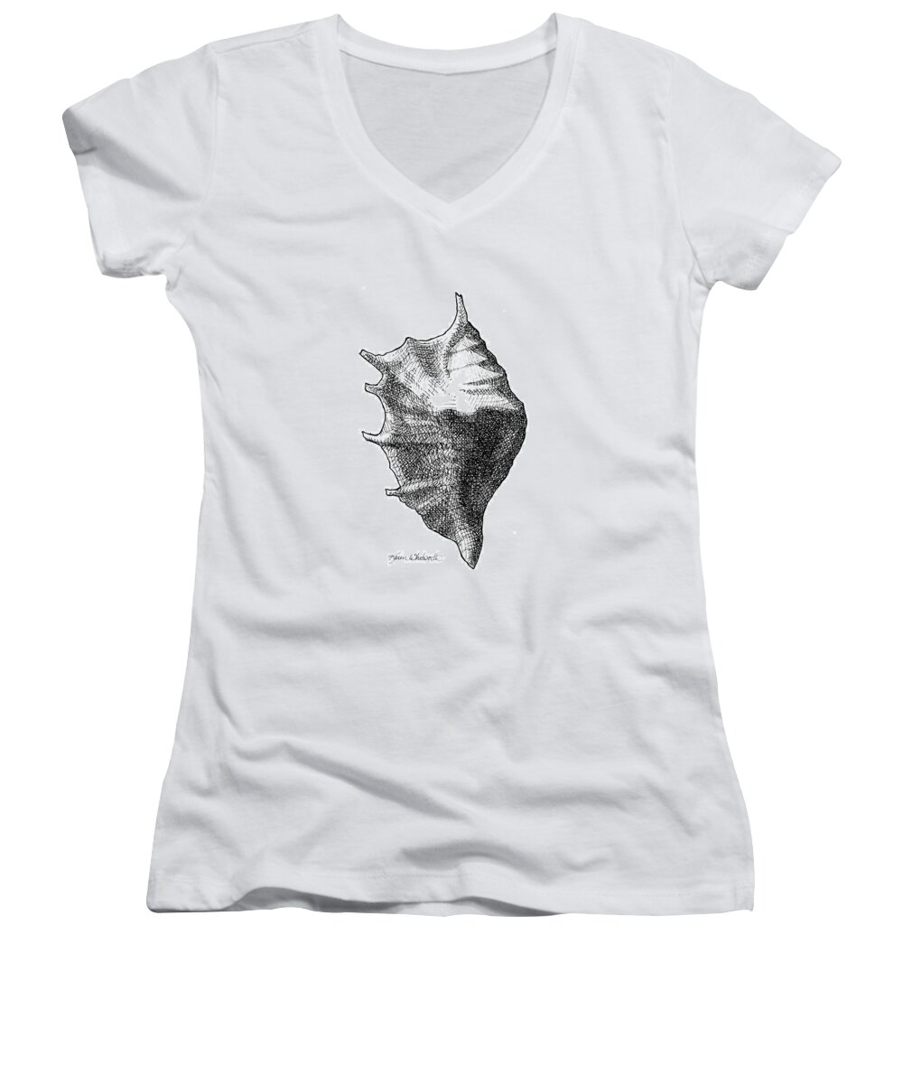 Shell Drawing Women's V-Neck featuring the drawing Seashell 1 - Nautical Beach Drawing by K Whitworth