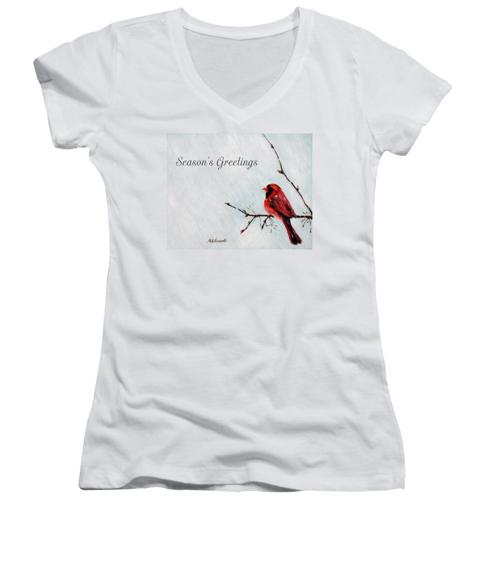 Cardinal Women's V-Neck featuring the painting Seasons Greetings by Marna Edwards Flavell