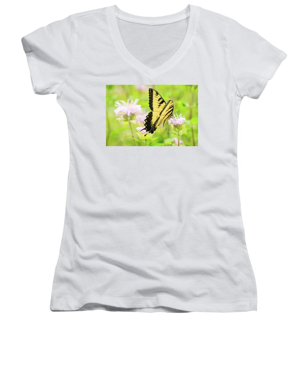 Forest Preserve Women's V-Neck featuring the photograph Series of Yellow Swallowtail #4 of 6 by Joni Eskridge
