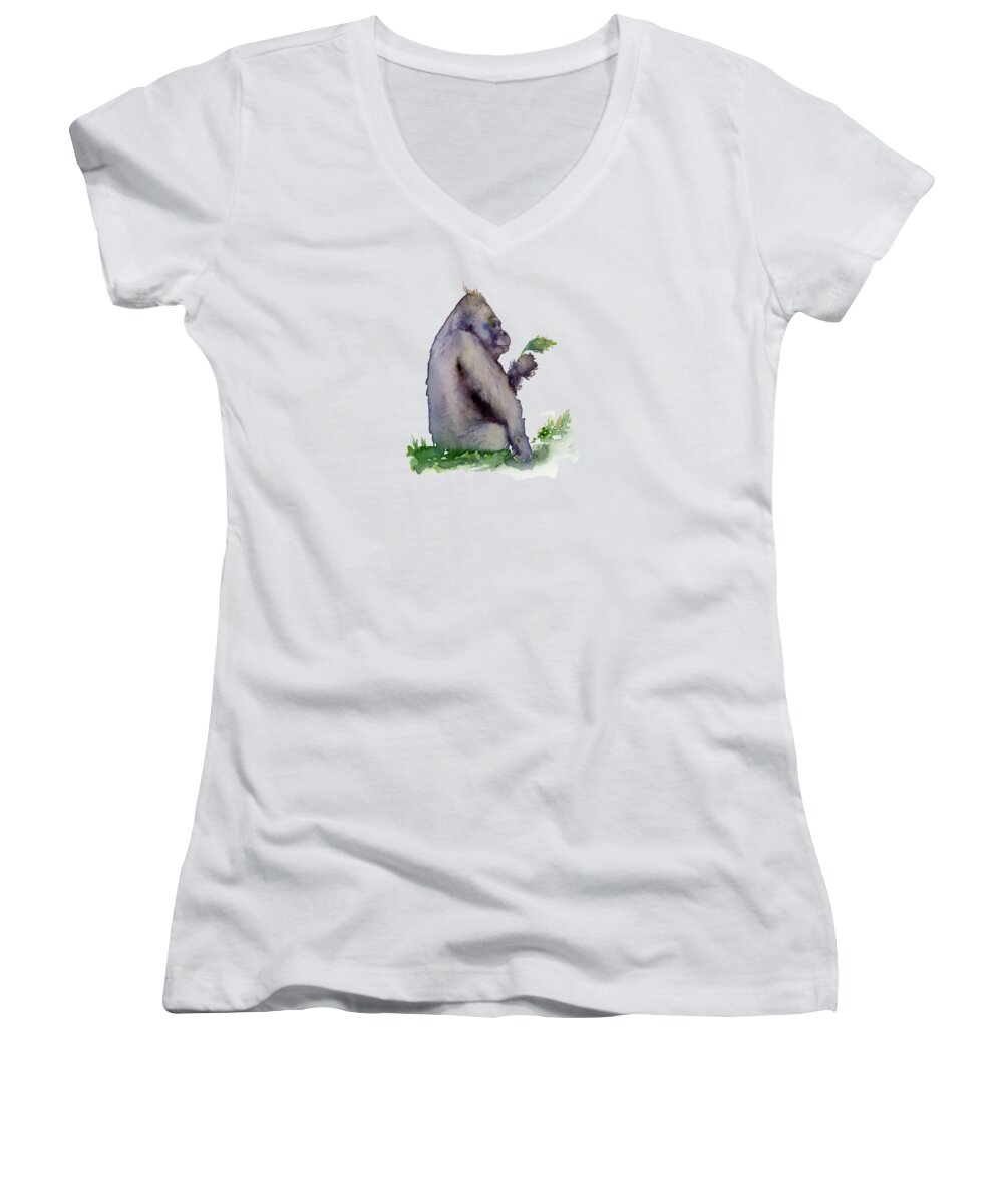 Gorilla Painting Women's V-Neck featuring the painting Seriously Speaking by Amy Kirkpatrick