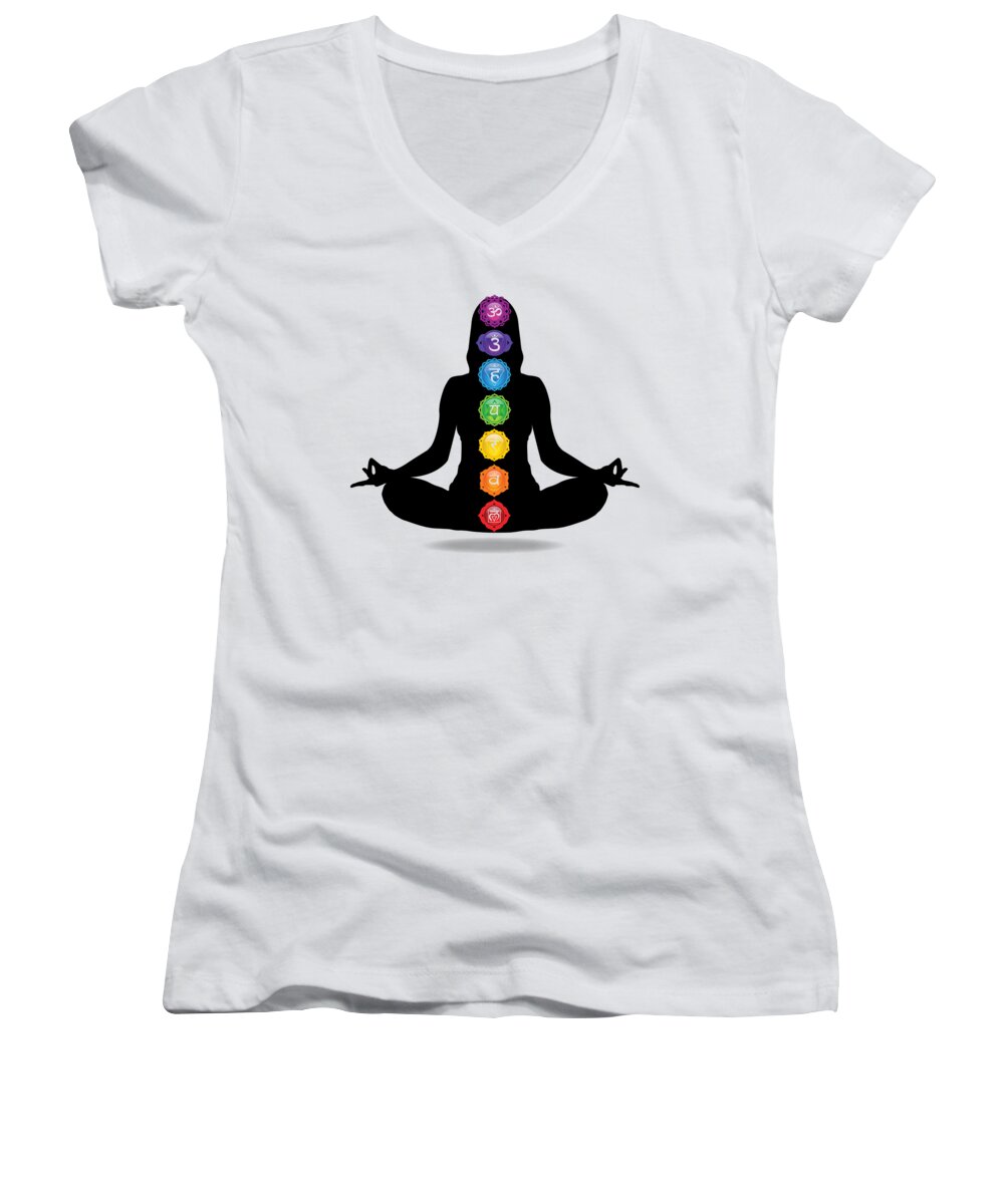 Ajneya Women's V-Neck featuring the digital art Seven Chakra Illustration With Woman Silhouette by Serena King