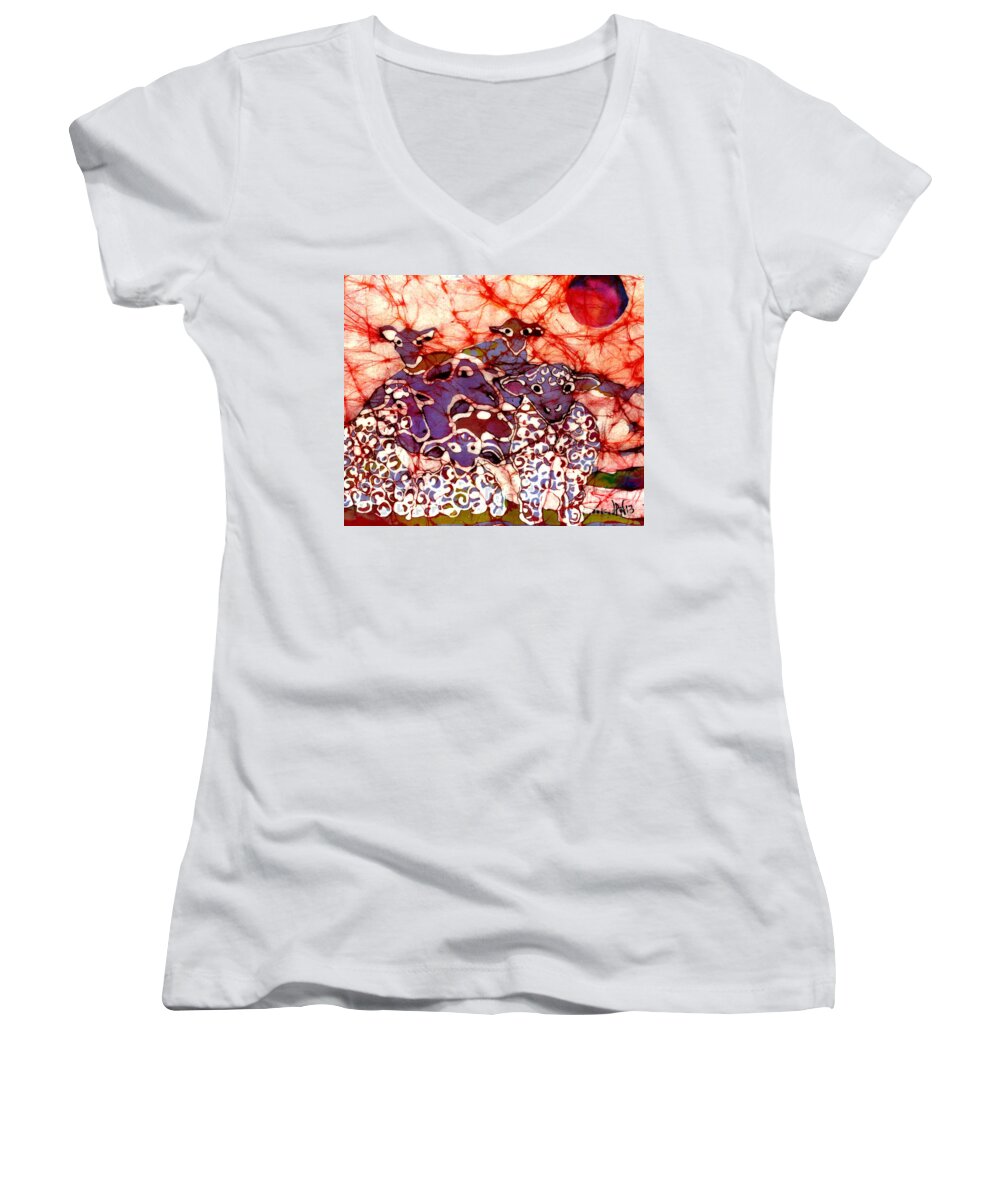 Sheep Women's V-Neck featuring the tapestry - textile Sheep at Sunset by Carol Law Conklin