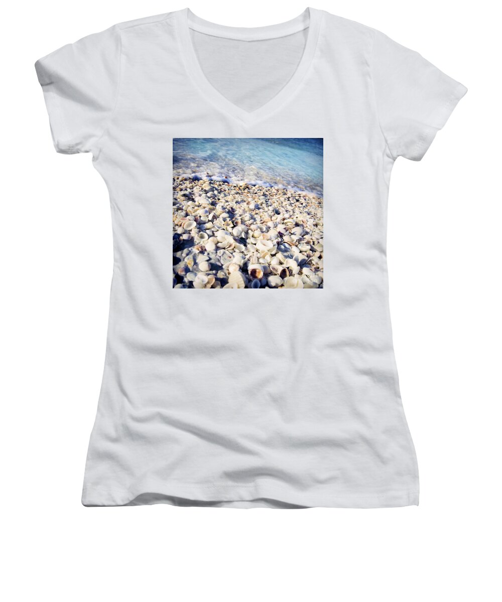 Water Women's V-Neck featuring the photograph Shells on shore by Linda Olsen