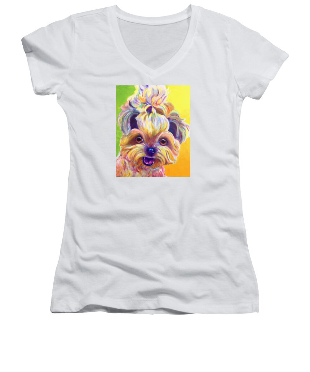 Dog Women's V-Neck featuring the painting Shih Tzu - Bloom by Dawg Painter