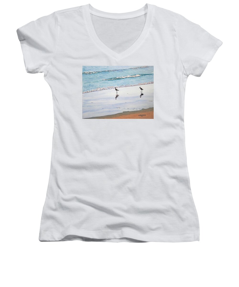 Water Women's V-Neck featuring the painting Shore Birds by Mike Robles