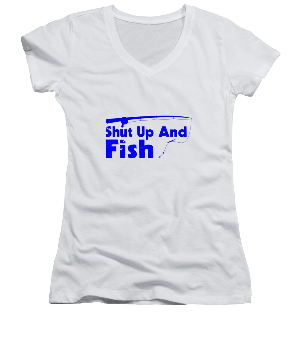 Go Jump In The Lake Women's V-Neck featuring the digital art Shut Up And Fish Blue by Lin Watchorn