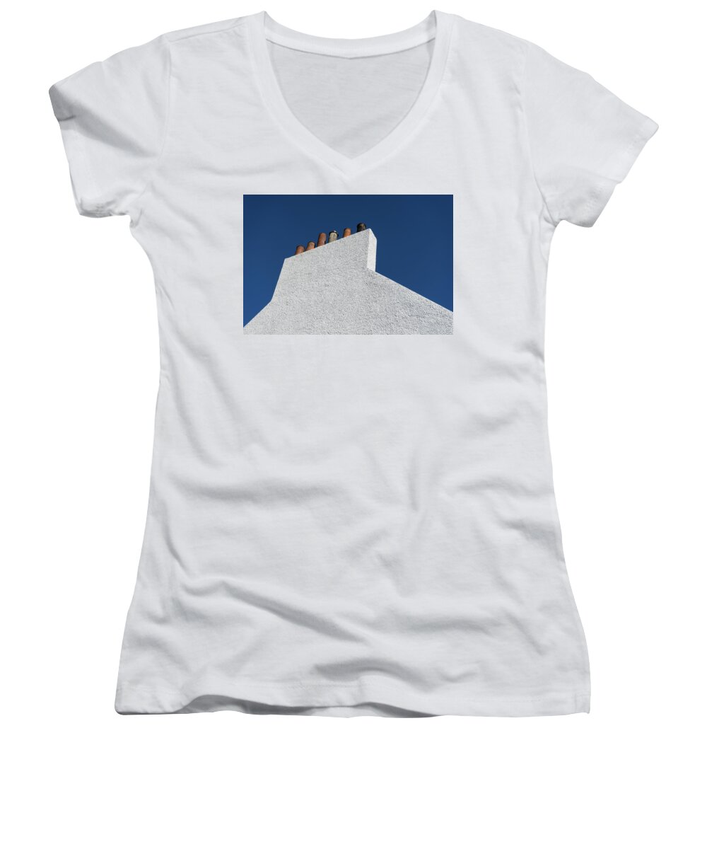 Stark White Wall Women's V-Neck featuring the photograph Simplicity - White Stucco Wall and Chimneys by Georgia Mizuleva