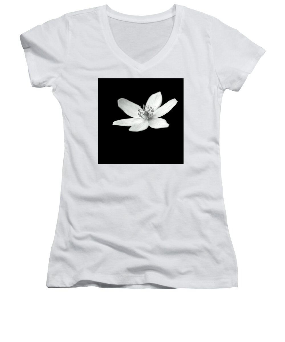 Monochrome Flower Petals Stamens On-black On-dark Women's V-Neck featuring the photograph Six petals in monochrome by Ian Sanders