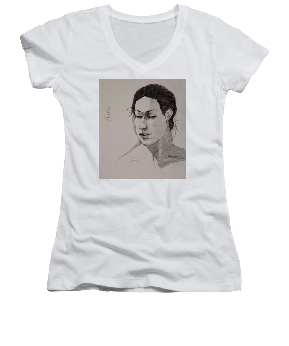 Female Women's V-Neck featuring the drawing Sketch for Marie 2 by Ray Agius