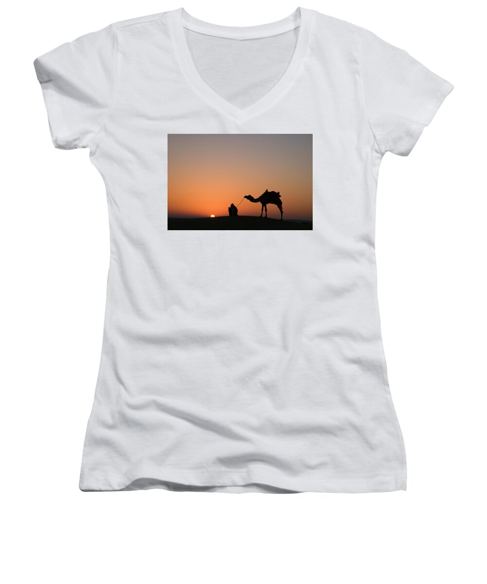Silhouette Women's V-Neck featuring the photograph SKN 0870 Silhouette at Sunrise by Sunil Kapadia