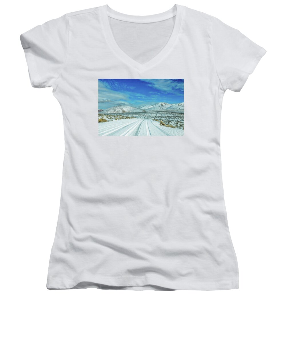 California Women's V-Neck featuring the photograph Snow in Death Valley by Peter Tellone