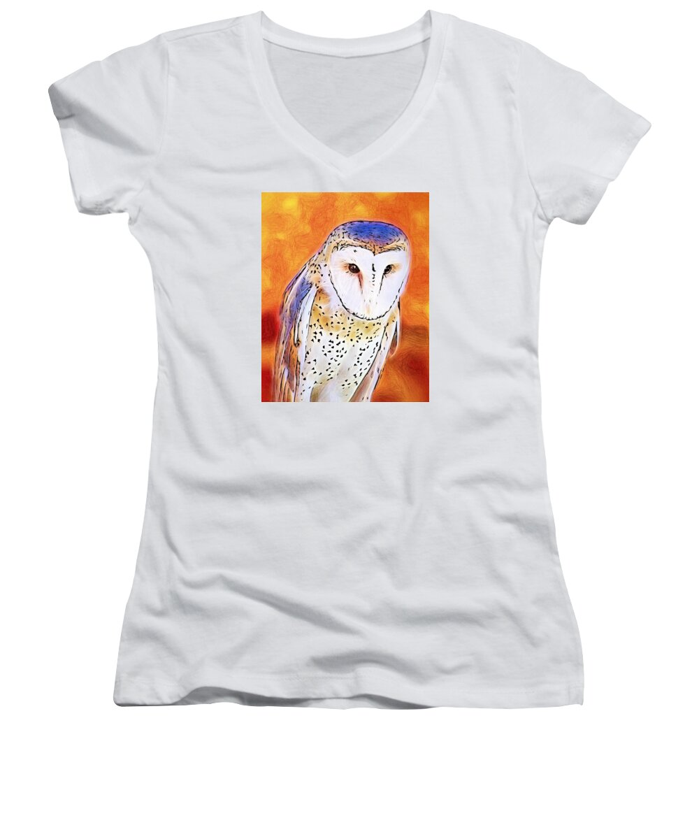 Barn Owl Women's V-Neck featuring the digital art White Face Barn Owl by Tracie Schiebel