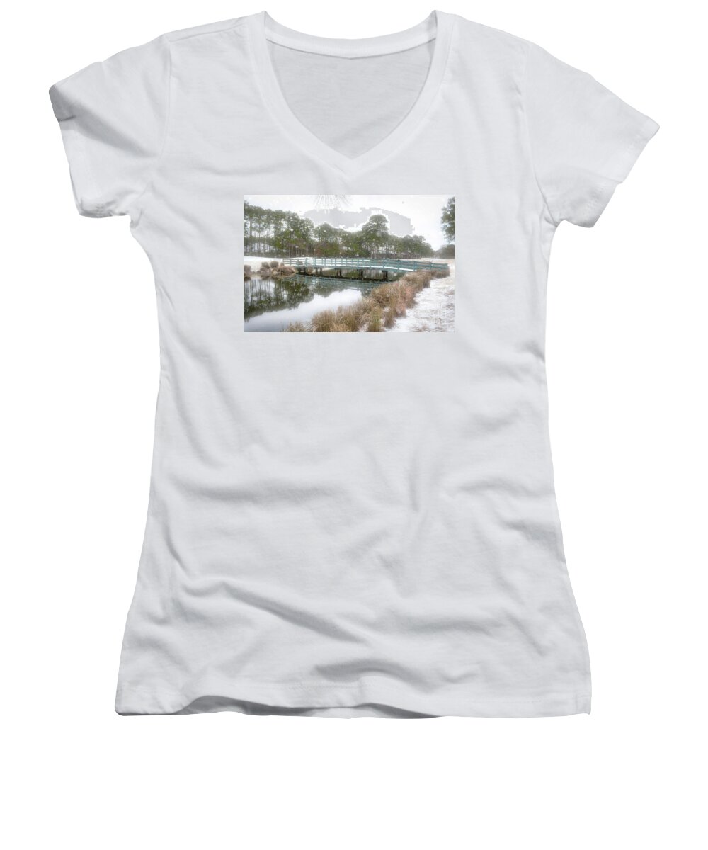 Scenic Women's V-Neck featuring the photograph Snow Storm 1 by Kathy Baccari