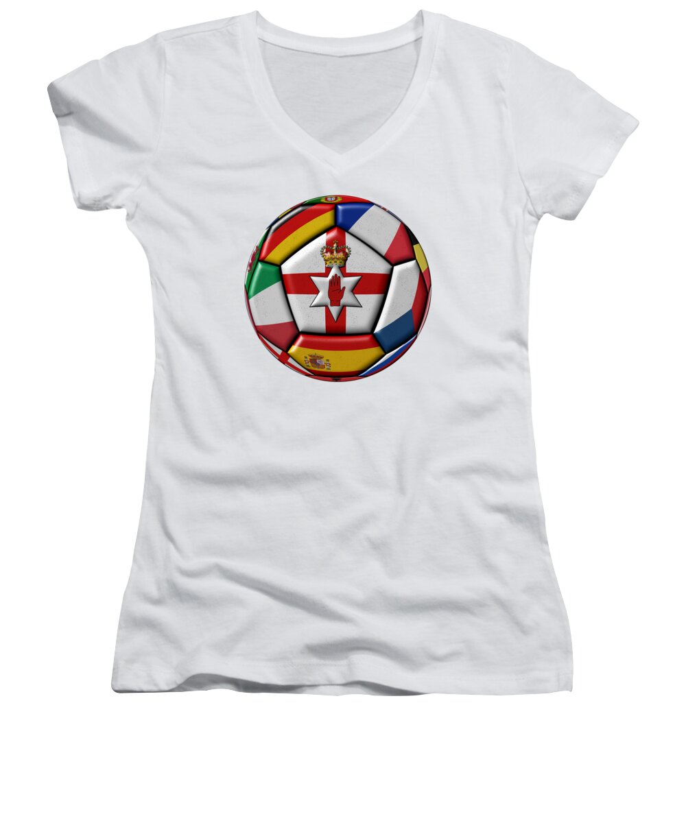 Europe Women's V-Neck featuring the digital art Soccer ball with flag of Northern Ireland in the center by Michal Boubin