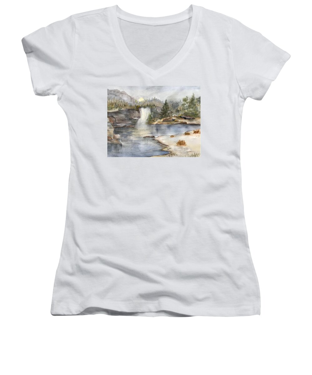 Lake Women's V-Neck featuring the painting Solitude by Paintings by Florence - Florence Ferrandino