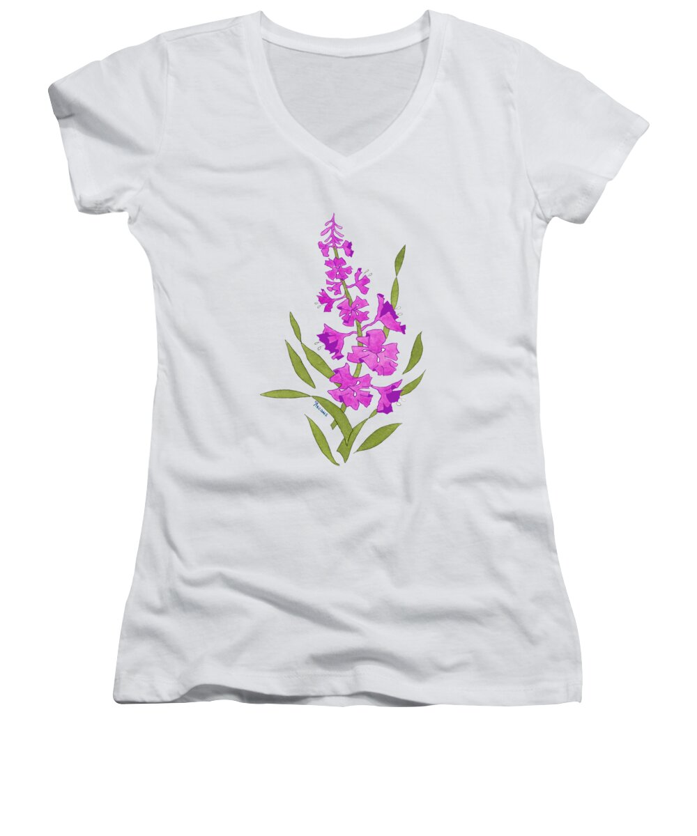 Solo Fireweed Shirt Image Women's V-Neck featuring the painting Solo Fireweed Shirt image by Teresa Ascone