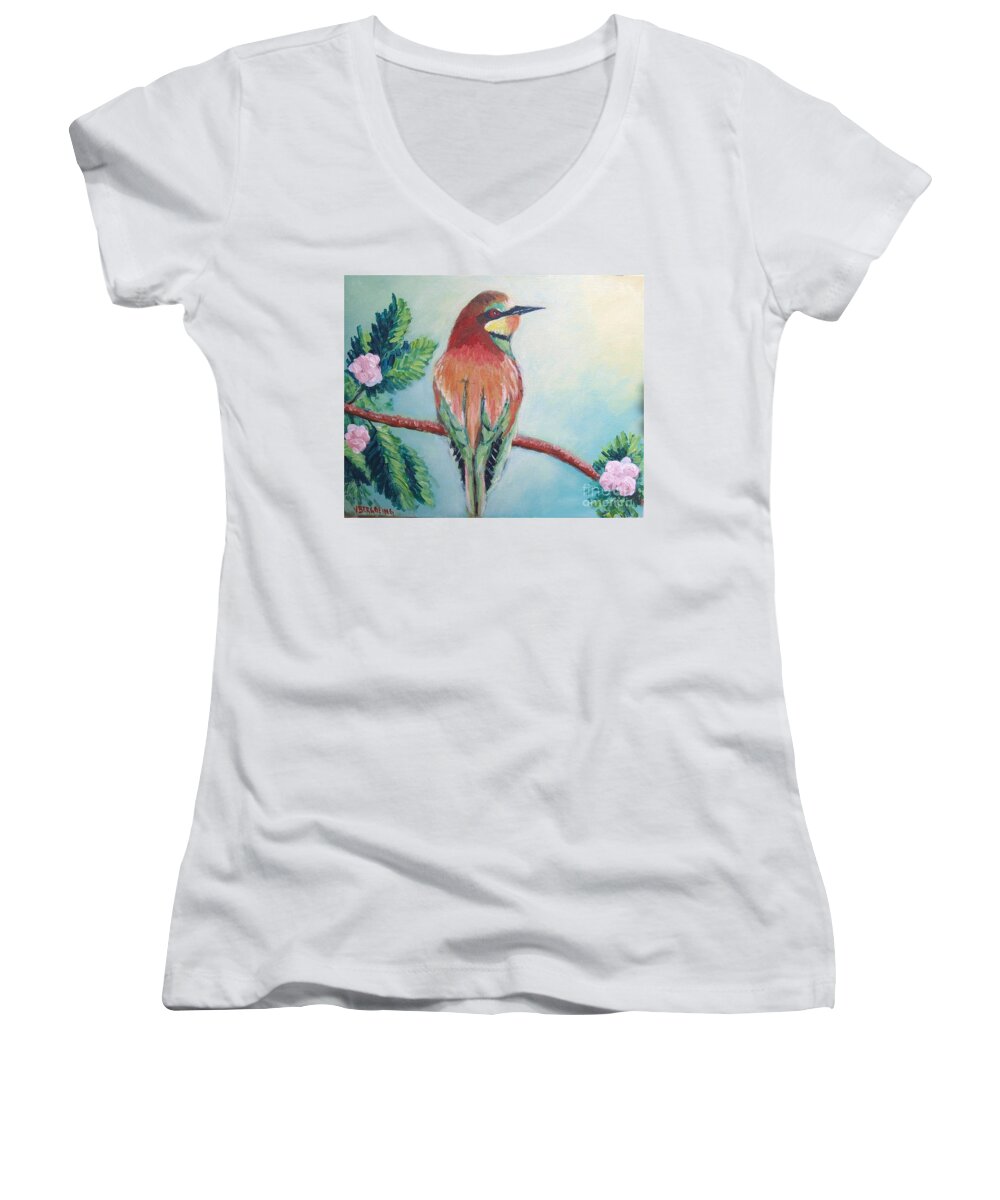 Bird Women's V-Neck featuring the painting Southern bee-eater by Jean Pierre Bergoeing