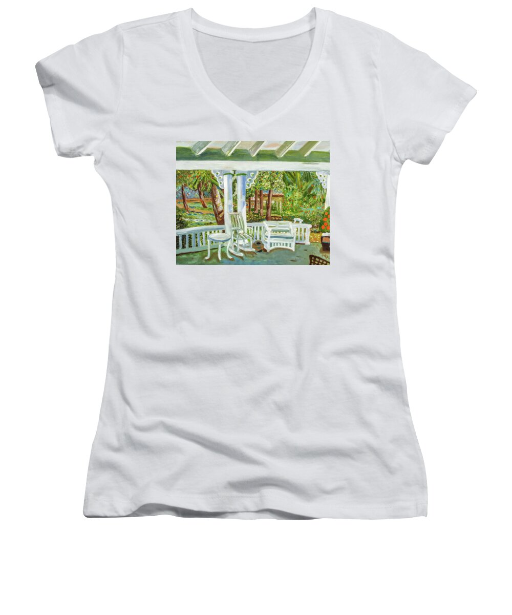 Porch Women's V-Neck featuring the painting Southern Porches by Margaret Harmon