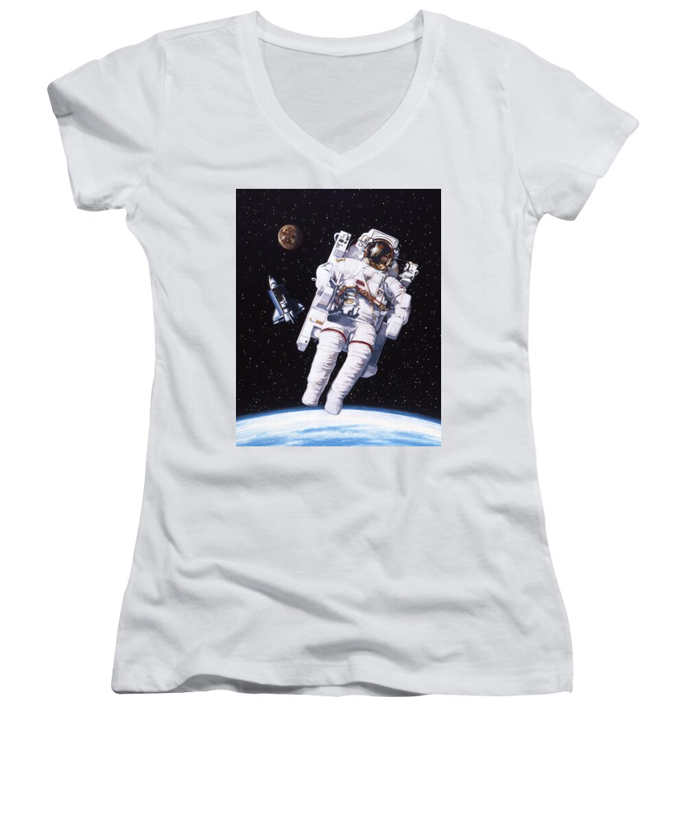 Space Walk Astronaut Women's V-Neck featuring the painting Space Walk by Murry Whiteman