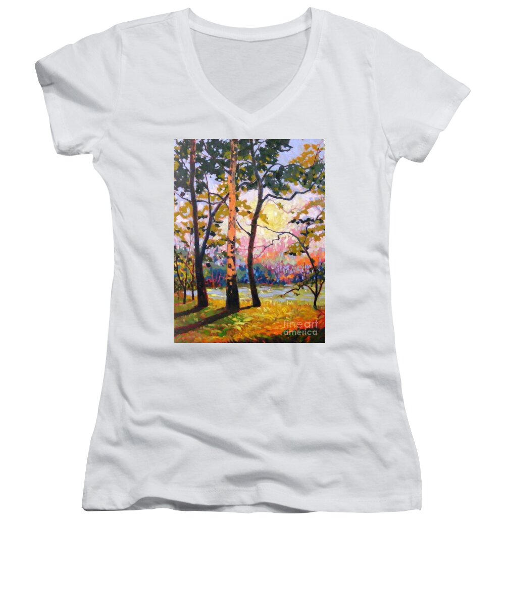 Landscape Women's V-Neck featuring the painting Spanaway Pond by Celine K Yong