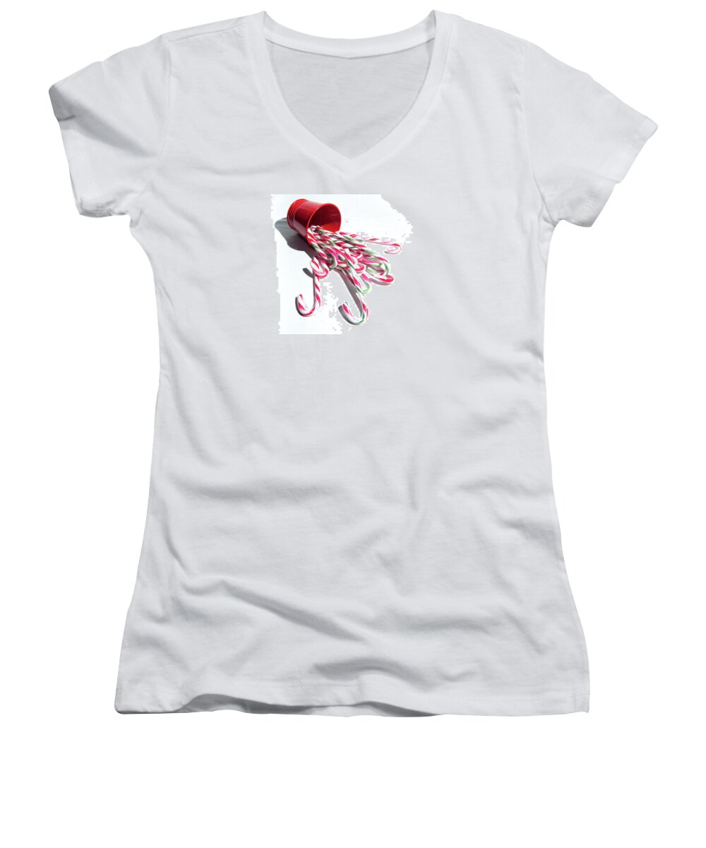 Helen Northcott Women's V-Neck featuring the photograph Spilled Candy Canes by Helen Jackson