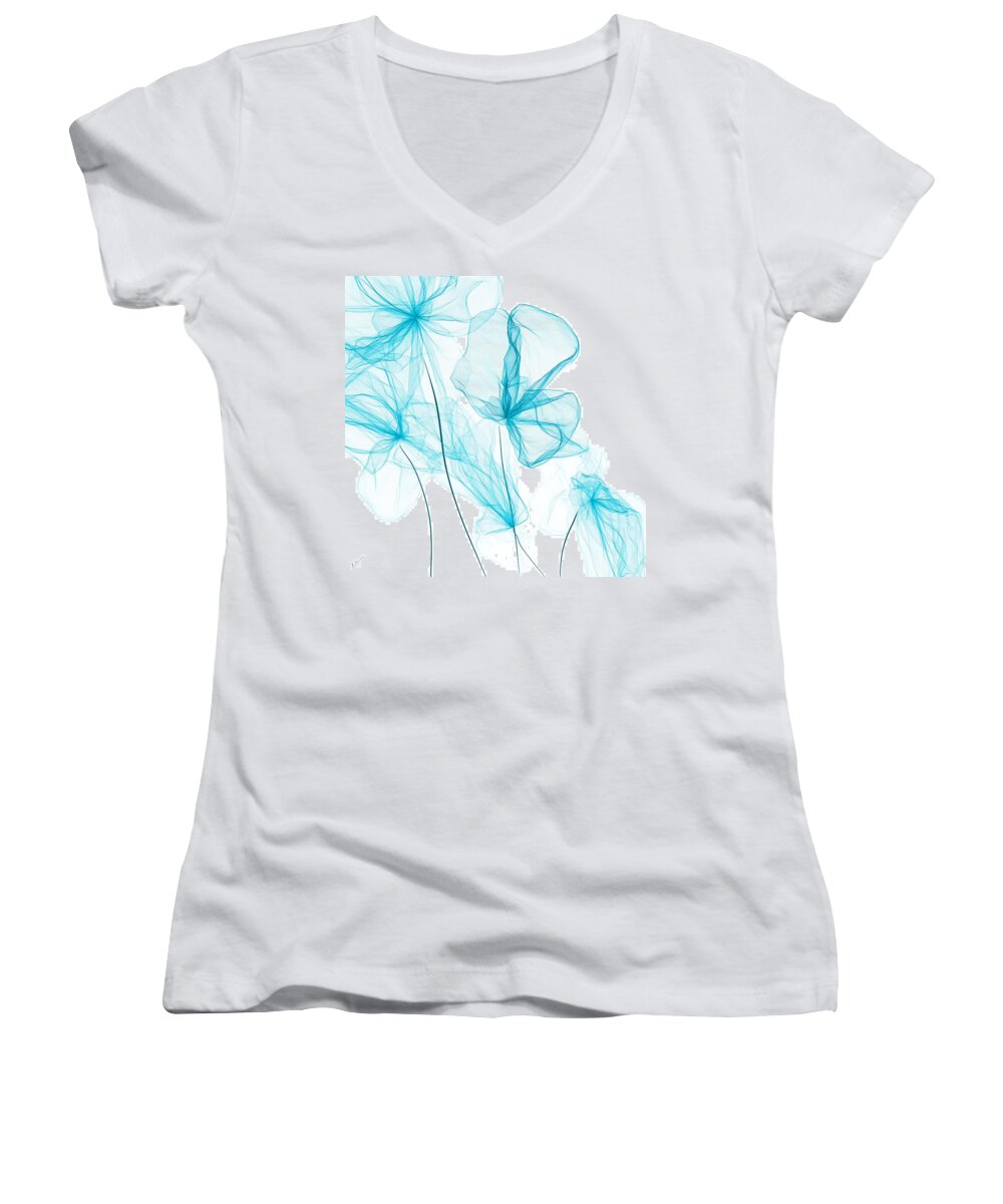 Blue Women's V-Neck featuring the painting Spring Blossoming by Lourry Legarde