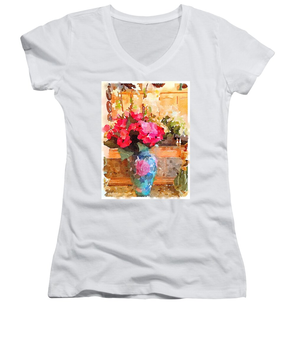 Waterlogue Women's V-Neck featuring the digital art Spring Bouquet by Shannon Grissom