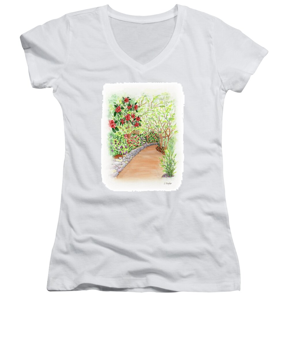 Lithia Park Women's V-Neck featuring the painting Spring Rhodies by Lori Taylor