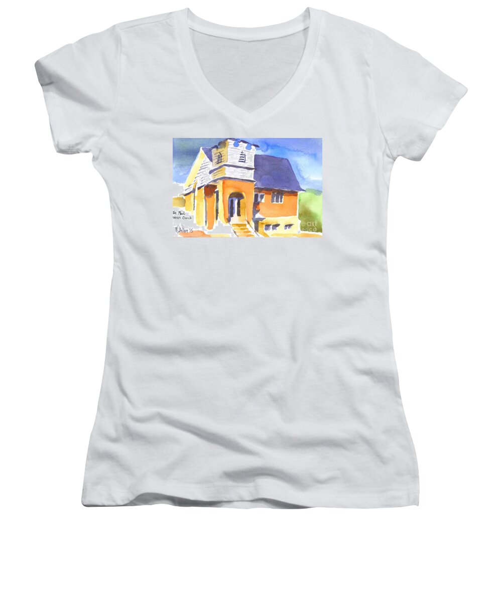 St Paul Lutheran 3 Women's V-Neck featuring the painting St Paul Lutheran 3 by Kip DeVore