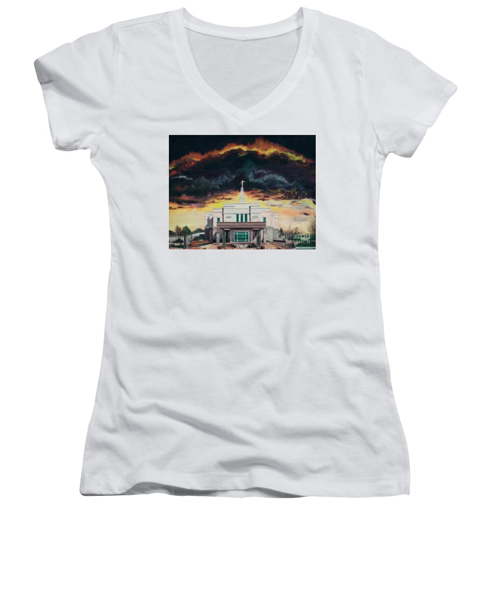 Lds Temples Women's V-Neck featuring the painting Stand in Holy Places by Nila Jane Autry