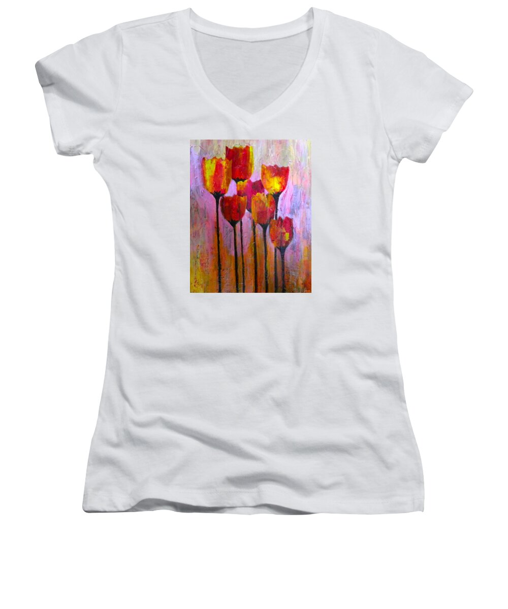 Tulips Women's V-Neck featuring the painting Stand Up and Shine by Terry Honstead