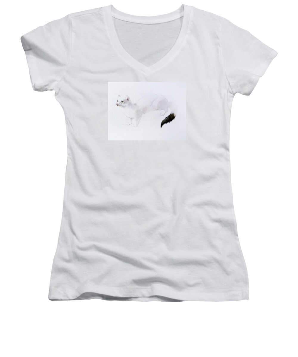 Stoat Women's V-Neck featuring the painting Stoat Watercolor by Attila Meszlenyi