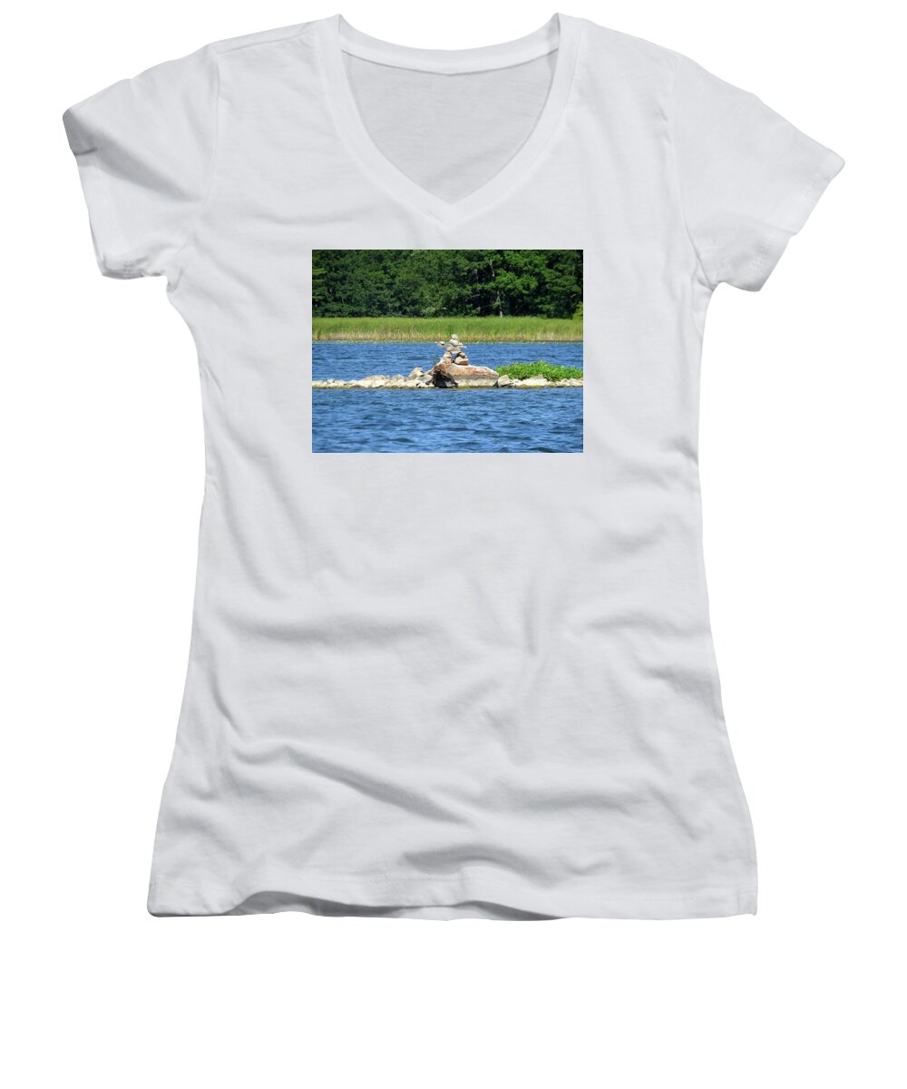 Inukshuk Women's V-Neck featuring the photograph Stone Man of the Rift by Dennis McCarthy