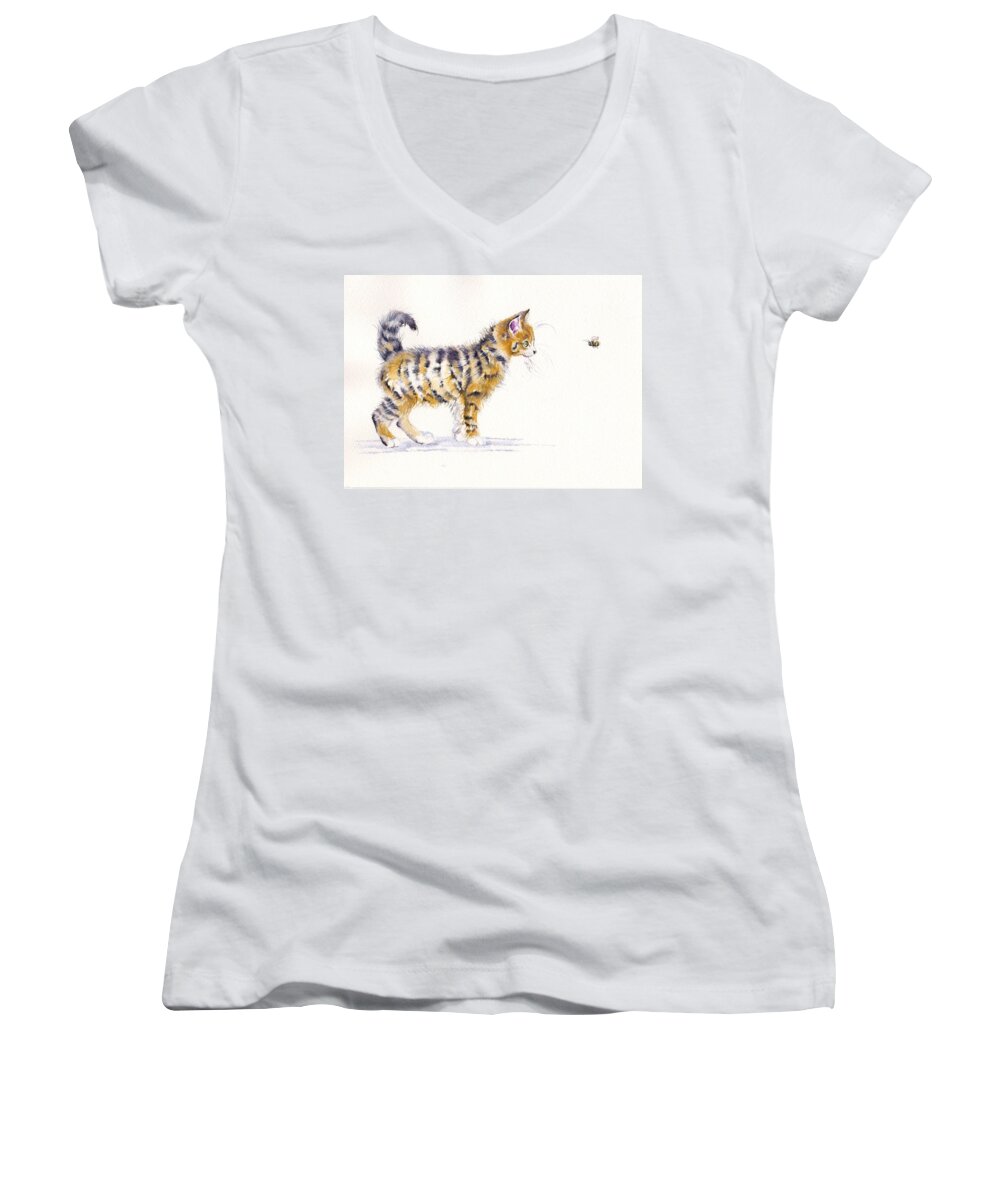 Cats Women's V-Neck featuring the painting Stripey Creatures by Debra Hall