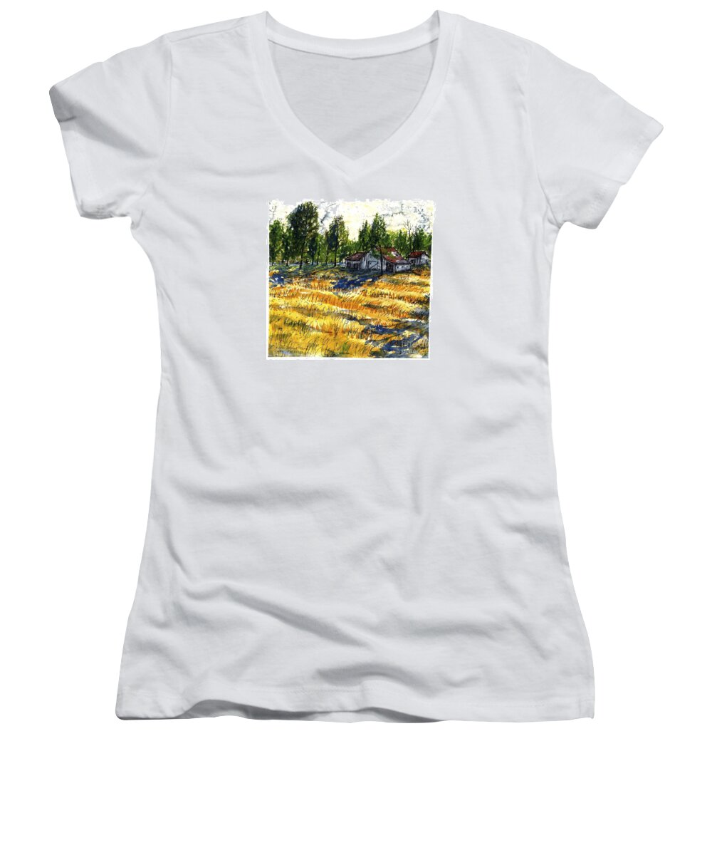 Farm Women's V-Neck featuring the painting Suber Road Barns by Patrick Grills