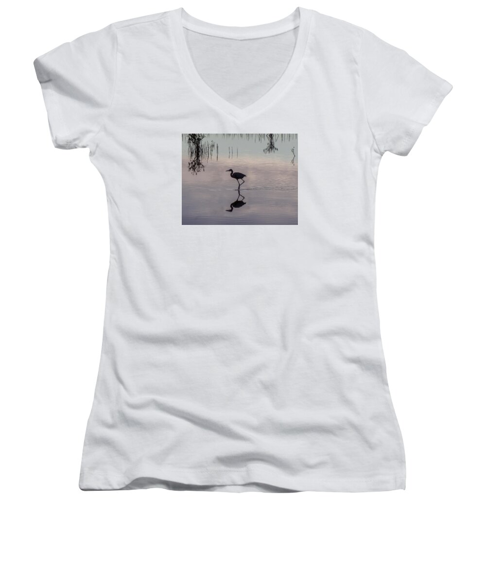 Great Blue Heron Women's V-Neck featuring the photograph Sundown Heron Silhouette by William Bitman